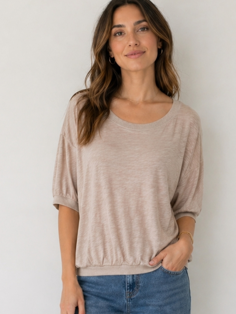Bobi Los Angeles Short Puff Sleeve Crop Top Shirt  Khaki Tan Cotton Scoop Neck L